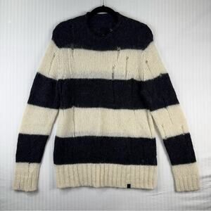Pretty Green Black/Cream Striped Cobain Distressed Alpaca Knit Sweater Medium